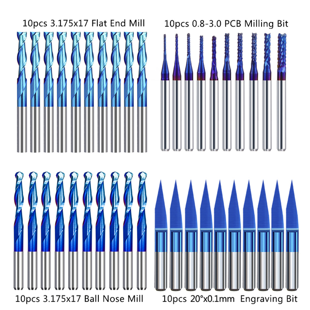 10/40pcs 3.175mm Nano Blue Coated CNC Router Bit End Mill Cutter Mini PCB Carbide Router Bits Kit for Milling Tools