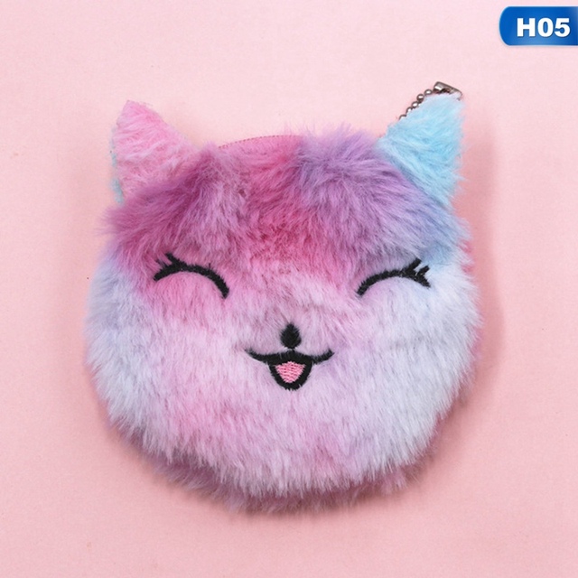 Cute Cat Fur Circle Purse Girl Clutch Bag Embroidered Key Headphone Organizer Pouch Kids Gift Cartoon Plush Unicorn Coin Purse