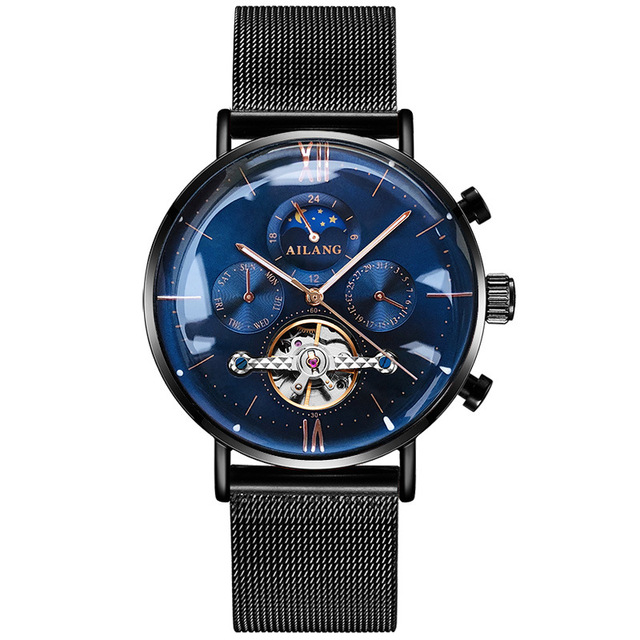 AILANG Men's Top Brand Luxury Fashion Three Eyes Luminous Waterproof Mesh Watches Tourbillon Mechanical Watch Relogio Masculino