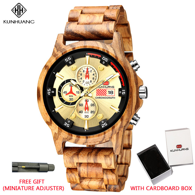 Kunhuang Men Watches Luxury Brand Wooden Walnut Sport Quartz Watch Men Fashion Date Chronograph Watch Relogio Masculino