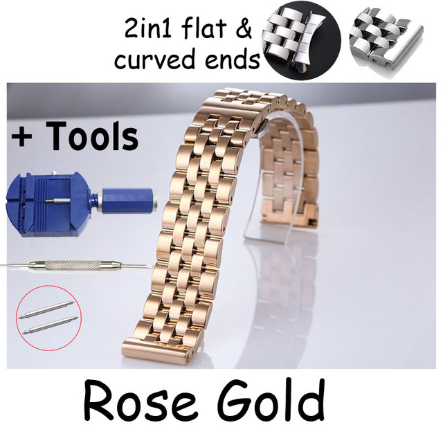 18 19 20 21 22mm 24 26mm Watch Band Flat Curved End Stainless Steel Watchband Butterfly Buckle Replacement Watch Strap Bracelet