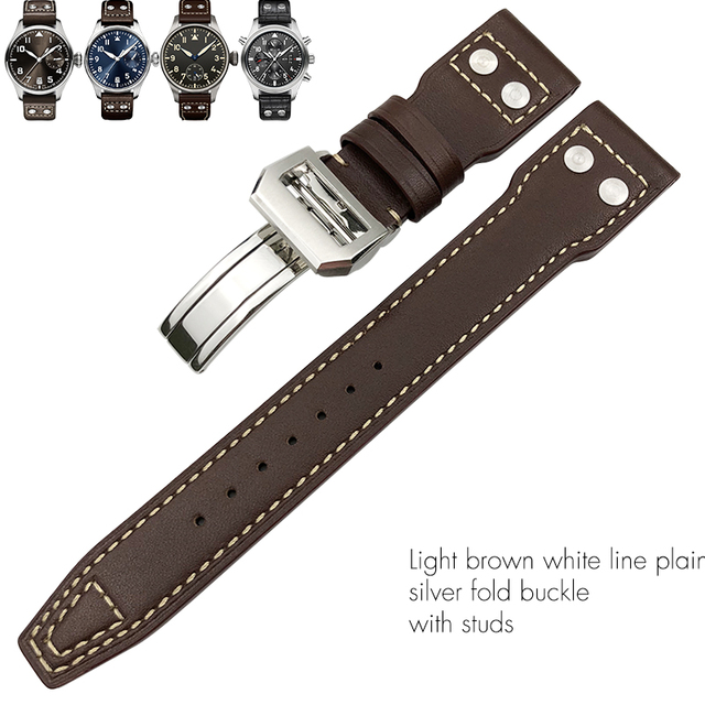 21mm 22mm High Quality Genuine Leather Rivets Watchband Fit For IWC Large Pilot Spitfire Gun Top Brown Black Cowhide Watch Strap