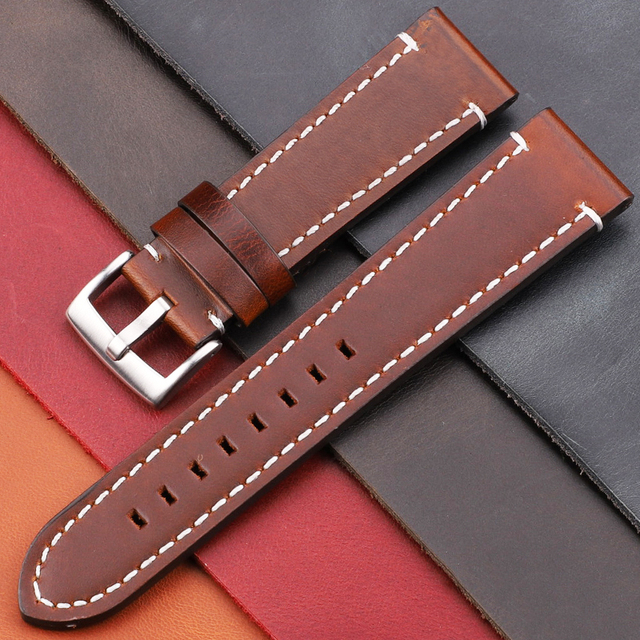 Genuine Leather Watch Band Strap Manual Men Thick 7 Colors 18mm 20mm 22mm 24mm Watchbands Stainless Steel Buckle Accessories