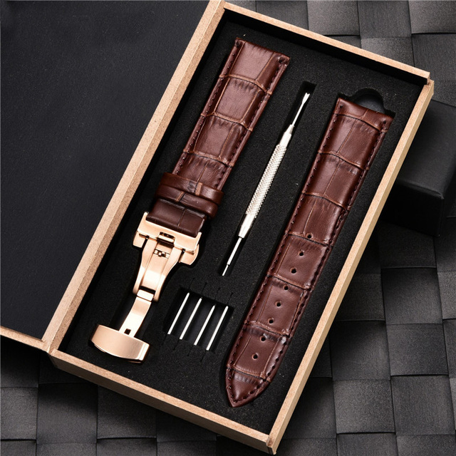 Grain Leather Watches With Stainless Steel Automatic Clasp Men's Watch Bracelet 18mm 20mm 22mm 24mm Gift Watch Box Straps