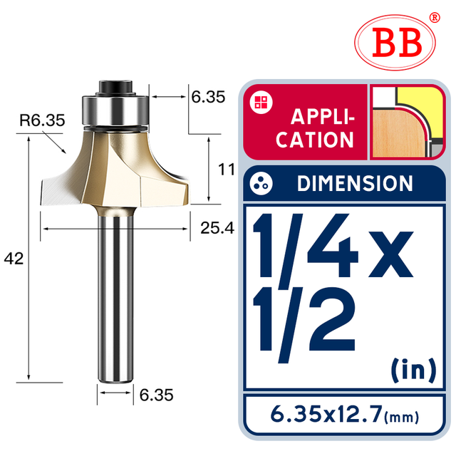 BB Corner Rounding Router Bit Concave Milling Cutter with Parallel Shank 1/2 1/4 Inch Woodworking Tool Round Edge Trimmer