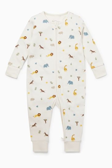 MORI White Safari Organic Cotton Clever Zip Sleepsuit