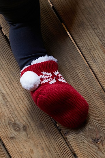 The Little Tailor Babies Red Christmas Fairisle Knitted Booties With Pom Poms
