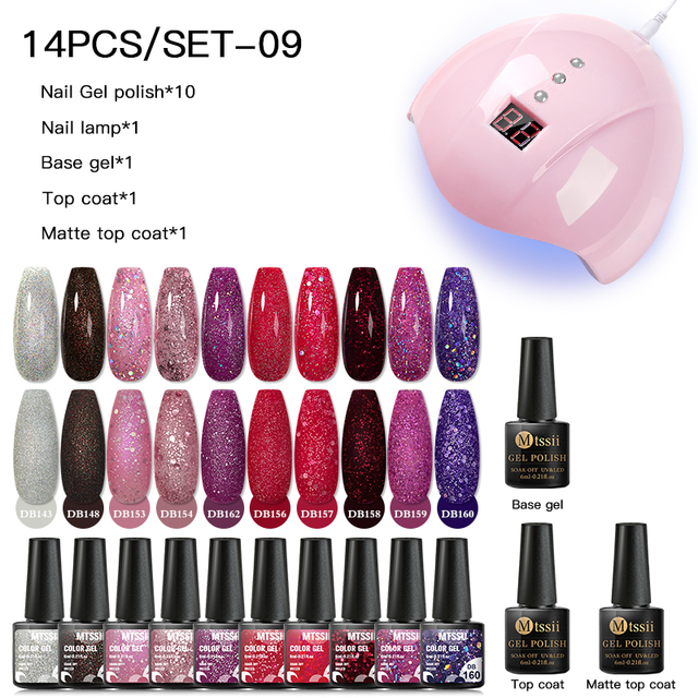 Mtssii 25/60pcs Color Gel Nail Polish Set Glitter Sequins Gel Soak Off UV Gel Semi Permanent Base and Top Coat Nail Art Gel Kits