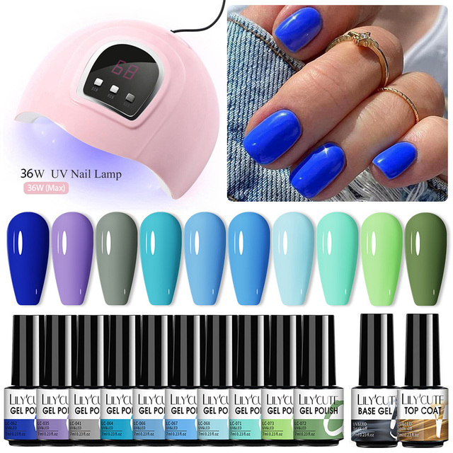 LILYCUTE 10pcs Gel Nail Polish Set With UV Lamp Nude Gel Semi Permanent Hybrid Varnish Base Top Coat Soak Off UV LED Nail Art