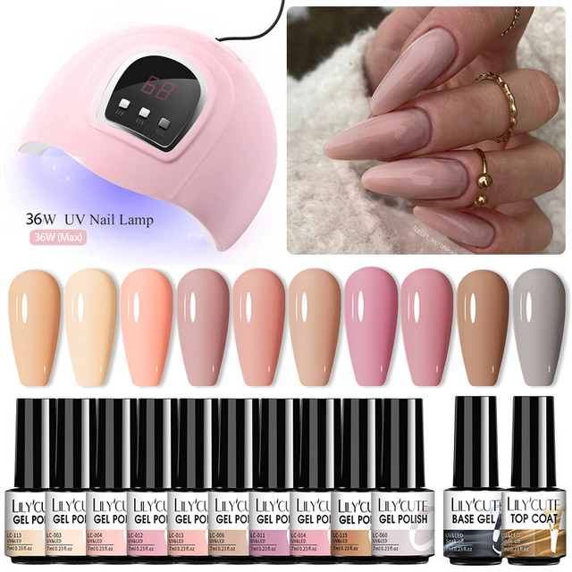 LILYCUTE 10pcs Gel Nail Polish Set With UV Lamp Nude Gel Semi Permanent Hybrid Varnish Base Top Coat Soak Off UV LED Nail Art