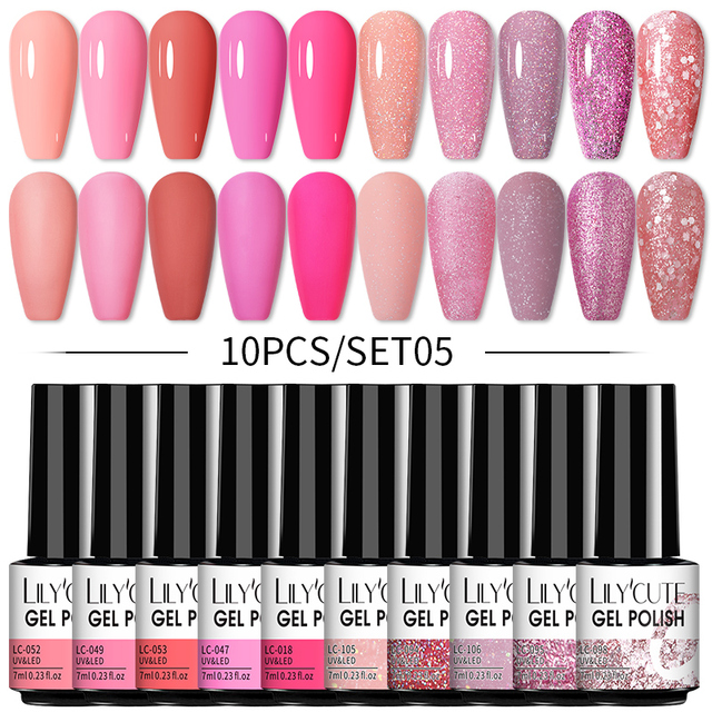 LILYCUTE 10/20/8/2pcs Gel Nail Polish Set Semi Permanent Glitter Hybrid Varnish Base Top Coat Soak Off UV LED Nails Gel