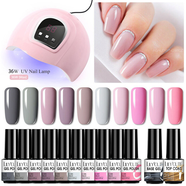 LILYCUTE 10pcs Gel Nail Polish Set With UV Lamp Nude Gel Semi Permanent Hybrid Varnish Base Top Coat Soak Off UV LED Nail Art