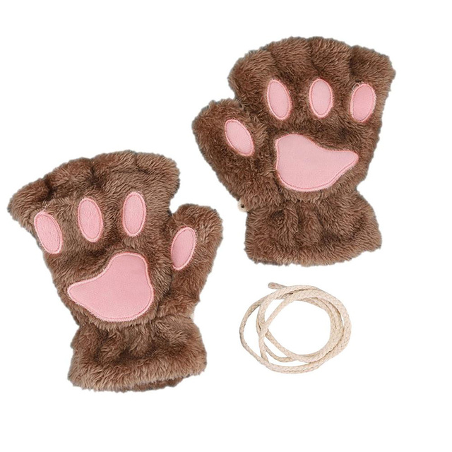 Cute Cat Paw Plush Fingerless Gloves Winter Warm Faux Fur Gloves Half Finger Gloves Lovely Bear Paw Gloves For Women Girls