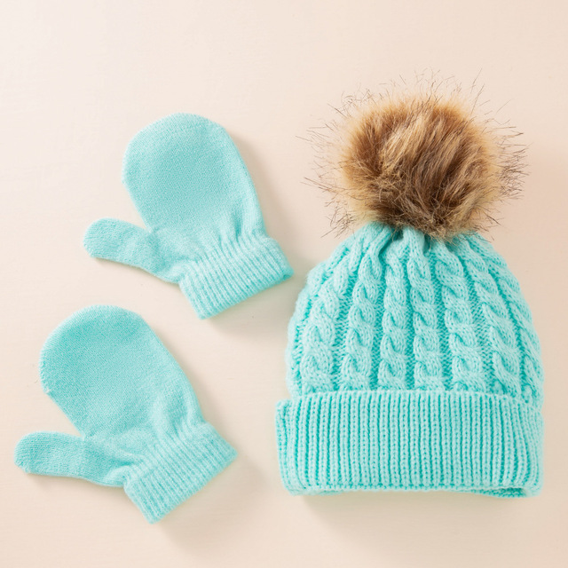 Cute Hat Scarf Set Beanie Hat Gloves 3pcs Children Hats Girls Fake Ball Pom Keep Warm Winter Knitted Skullies Kids Bone