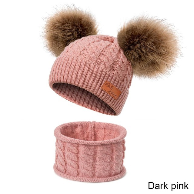 New Newborn Baby Kids Girls Boys Hat Scarf Winter Warm Knit Hat Furry Balls Pompom Solid Warm Cute Lovely Beanie Hat Gift Set