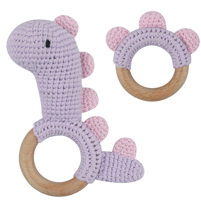 1pc or 2pcs/set BPA Free Crochet Dinosaur Baby Teether Rattle Safe Beech Wooden Teether Ring Newborn Mobile Sport Educational Toy