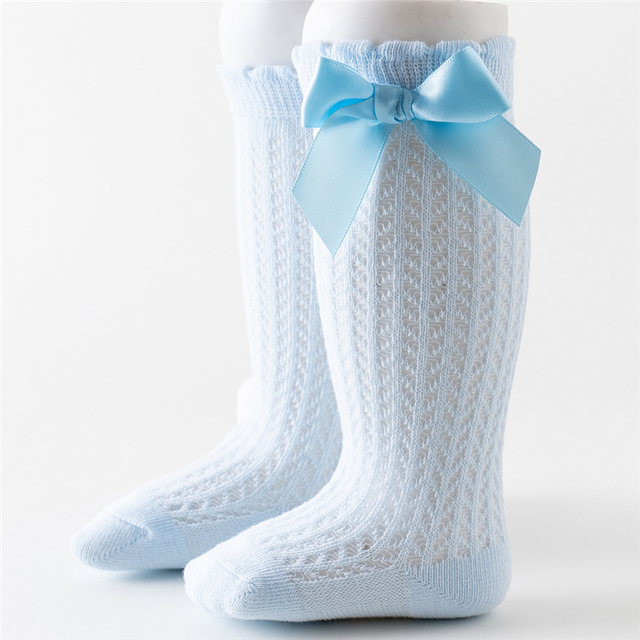 Newborn Baby Girls Solid Bow-knot Socks Breathable Mesh Cotton Knee High Leg Warmer Summer Infant Baby Soft Socks Clothes