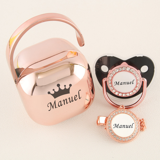 Luxury Personalized Any Name Rose Gold Bling Baby Pacifier And Clips Pacifier Box Set BPA Free Doll Soother Unique Shower Gift