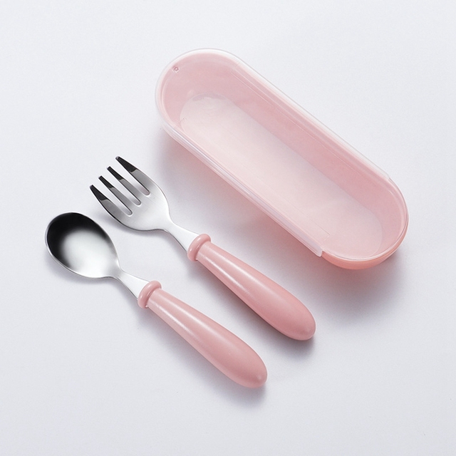 Stainless steel children fork spoon set baby learning short handle utensils cute baby training tableware infant feeding knives