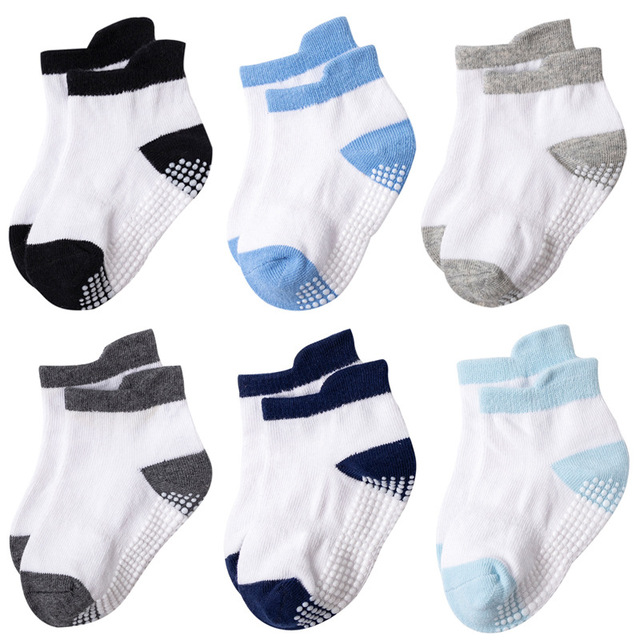 6 Pairs 0-5 Years Cotton Children Anti-Slip Boat Socks for Boys Girl Low Cut Floor Toddler Ankle Sock with Rubber Grips Four Season