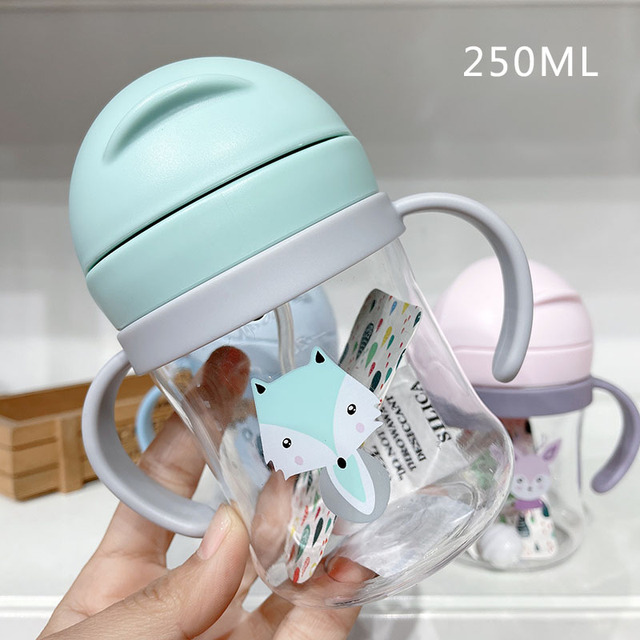 250ml Cartoon Style Outdoor Baby Drinking Bottle With Straw Baby Feeding Cup For Kids Training Portable Handle Water Bottle