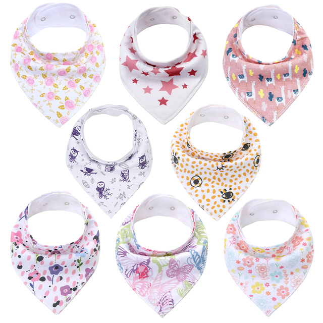 8pcs/lot soft comfortable colorful 100% organic cotton and baby bandana for boys and girls infants adjustable snaps saliva baby bibs