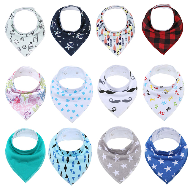 12packs/lot 100% Cotton Bandana Bibs for Drooling Teething Newborn Infant Adjstable Snaps Absorbent Baby Bibs