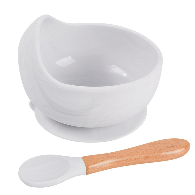 Baby Silicone Bowl Feeding Tableware Children Suction Bowl Plate Wooden Handle Silicone Spoon Dish Set For Baby Kitchen Utensils