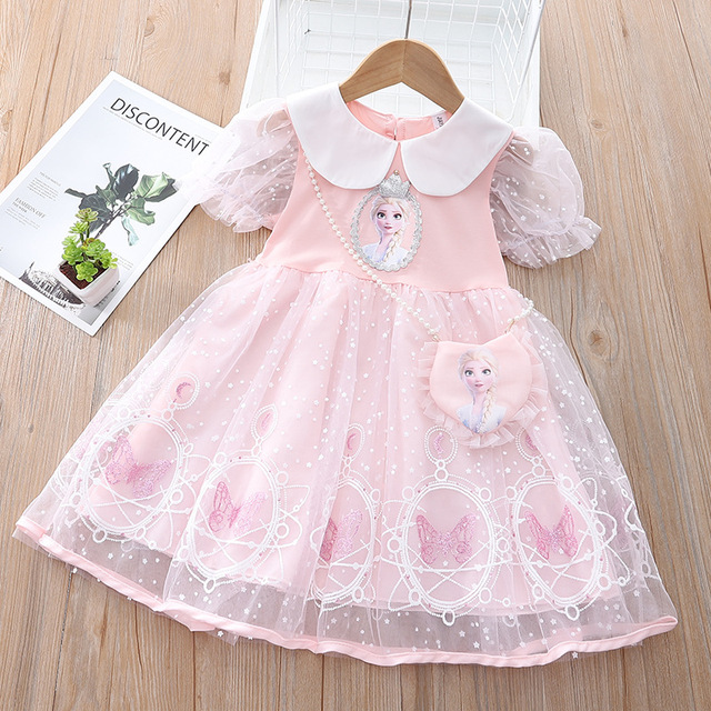 Summer Korean Lovely Lace Elsa Frozen Baby Clothes Short Sleeve Princess Dress Birthday Party Little Girls Costume Vestidos