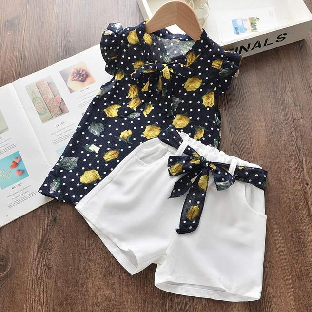 Girls clothes set 2022 new summer sleeveless T-shirt and print bow shorts for girl kids clothes children clothing 3 5 7 years