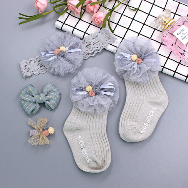 Baby Girl Lace Flower Headband Socks Set Cotton Baby Socks Newborn Socks Anti Slip Floor Socks Elastic Baby Hair Band