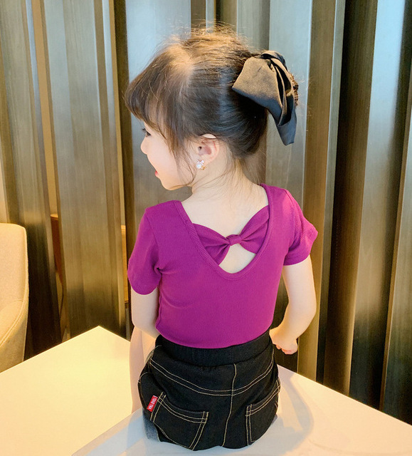 Girls T-shirt Kids Short Sleeve Back Bow-knot Baby Cotton Shirt Clothes 2022 Summer Chilren Hot Color Surface Tees