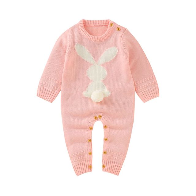 0-24M Newborn Cute Knitted Bunny Tail Patchwork Romper for Baby Boys Girls Weave Long Sleeve Jumpsuit Outfits Clothes