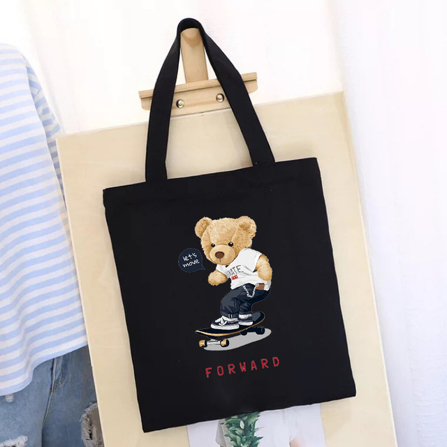 Women's Shopping Bag All-match Bear Chain Handbag Folding Reusable Canvas Shopper Harajuku Style Bag New Student Canvas Tote Bag