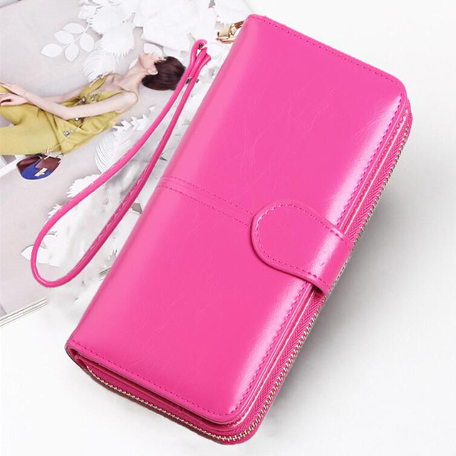 Leather Women Long Zipper Oil Wax Wallet Large Capacity Zipper Clip Wallet Ladies Long Wristlet Clutch Coin Card Holder Portomonee