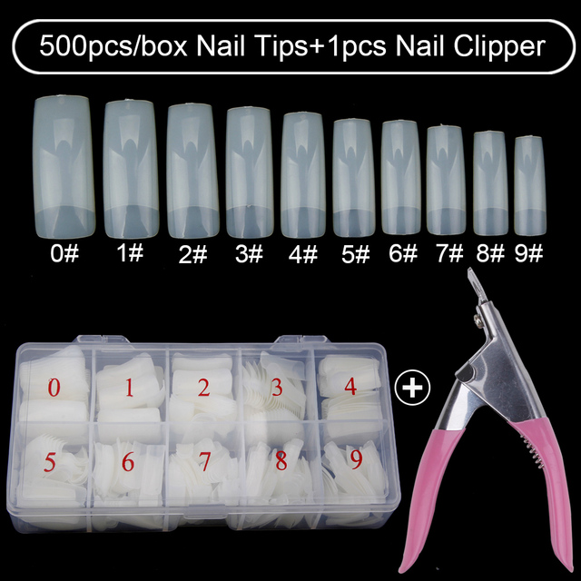 500pcs/box Clear Artificial False Nail Tips Capsule with Nails Cutter Coffin French Full Cover Fake Nails Manicure Tools