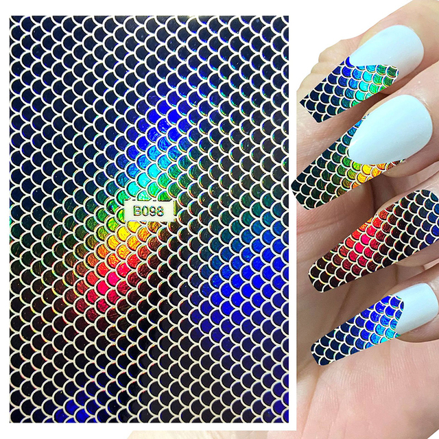 1 Sheet Nail Art Holographic Fish Scales Shaped Sticker Self Adhesive 12 Colors Nail Foil Decals Manicure Adhesive Laser Decals