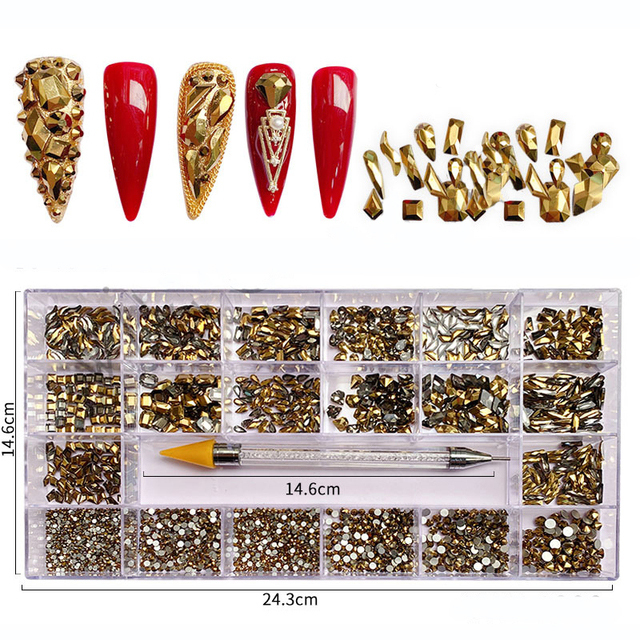 Luxury Box Shiny Diamond Nail Art Rhinestone Crystal Glass Set Decorations Set 1pcs Pick up Pen in Grids Box 21 Shapes of 2500pcs