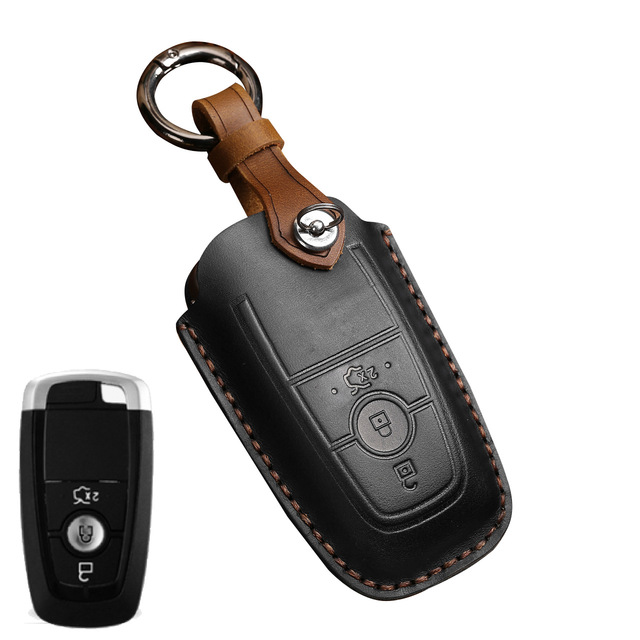 Leather Key Case Cover Fob Keychain Holder For Lincoln Ford Raptor F150 Explorer Everest Ranger Accessories Remote Keyring Bag