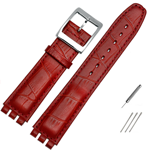 High Quality Luxury 17mm 19mm Waterproof Genuine Leather Watch Strap Band for Swatch Crocodile Pattern Leather Strap Men Blue Red