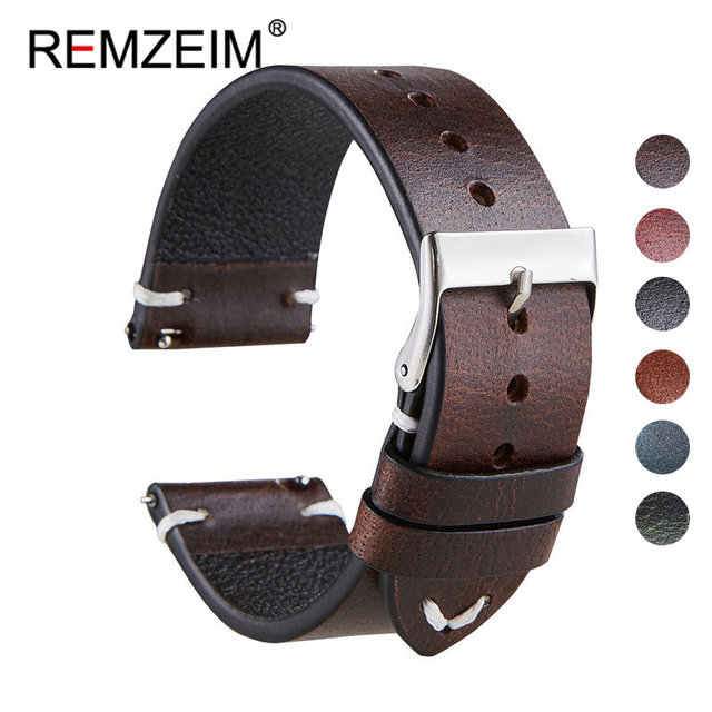 REMZEIM 18mm 20mm 22mm High-end Retro 100% Calfskin Leather Watch Band Watch Strap With Genuine Leather Straps 7 Colors