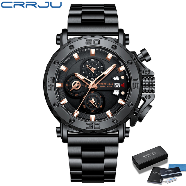 Relogio Masculino CRRJU Sport Chronograph Mens Watches Luxury Brand Full Steel Quartz Watch Waterproof Big Double Watch Men