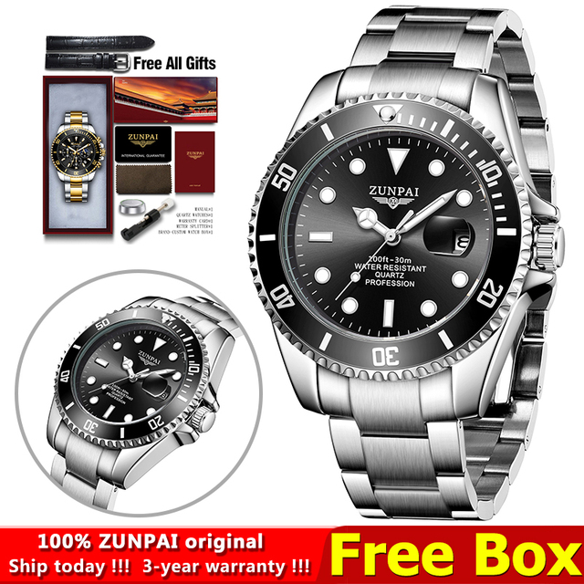 100% Original ZUNPAI Watch Men Sport Water Resistant Diving Wristwatches Stainless Steel Gold 2022New Luxury Fashion TOPBrand