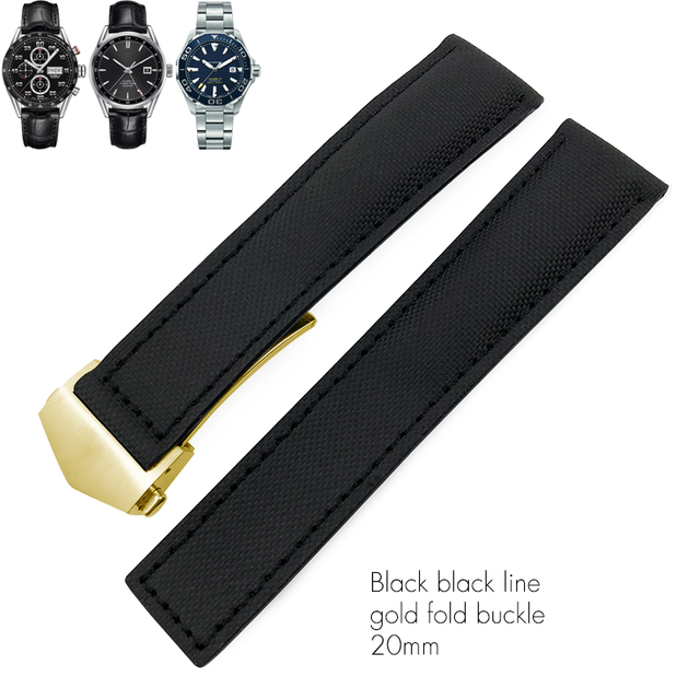 20mm 22mm Canvas Nylon Leather Watch Strap Fold Buckle Black Watch Band For Tag Heuer Carrera AQUARACER Watch Bracelets For Men