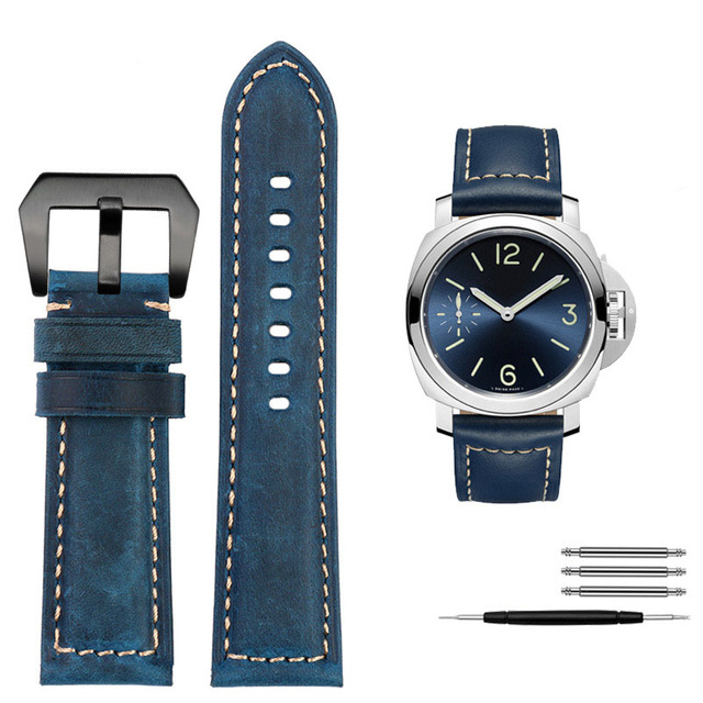 For Panerai1085/1313/111 Leather Watch Strap 22mm 24mm Blue Mens Crocodile Grain Watch Band Sandy Grinding Cowhide Accessories