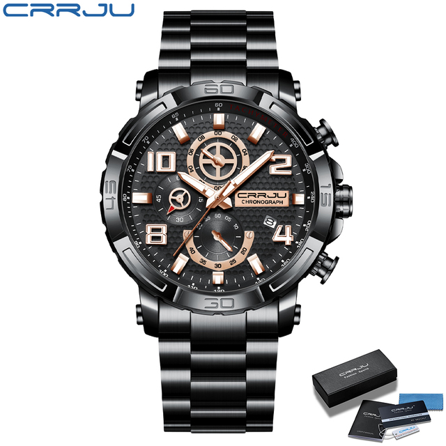 CRRJU Men's Watches Large Dial Waterproof Stainless Steel With Luminous Hands Date Sports Chronograph Watches Relogio Masculino