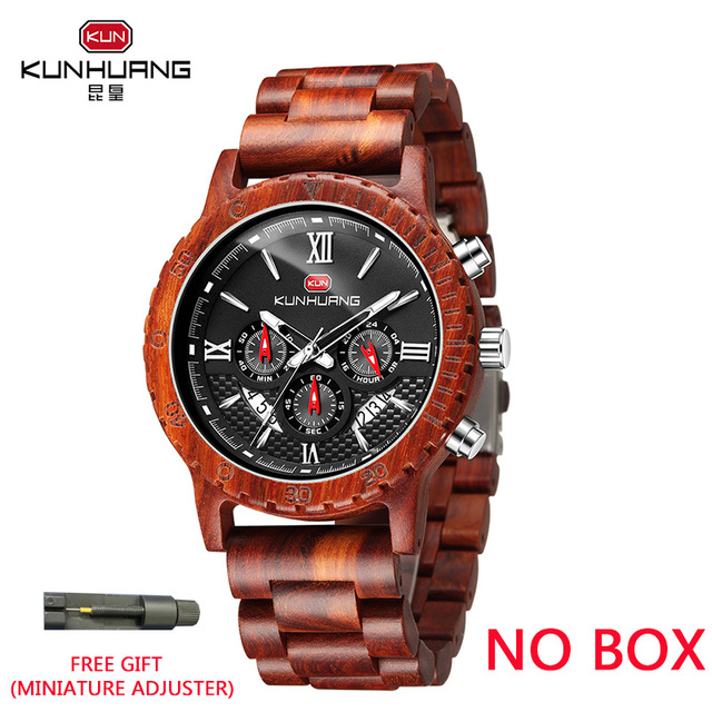 Kunhuang Luxury Brand Men's Watch Wooden Multifunctional Raw Quartz Watch High Strength Ebony Glass Case relógio masculino