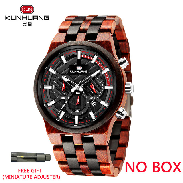 Kunhuang New Wooden Watch Men Luxury Chronograph Ebony Quartz Watch Blue Dial Metal Glass Mirror Wooden Box