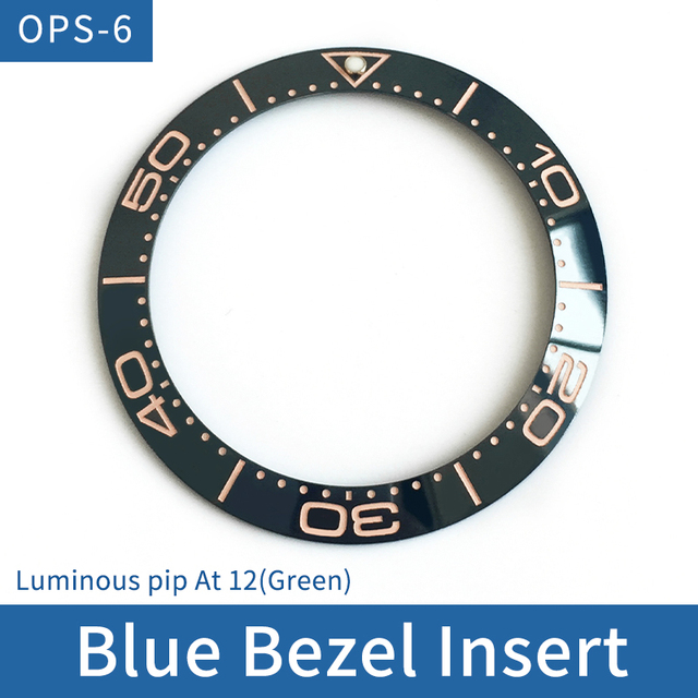 Slanted ceramic watch bezel, 38 x 30.6 mm, luminous tube, at 12, for Omega Master Series