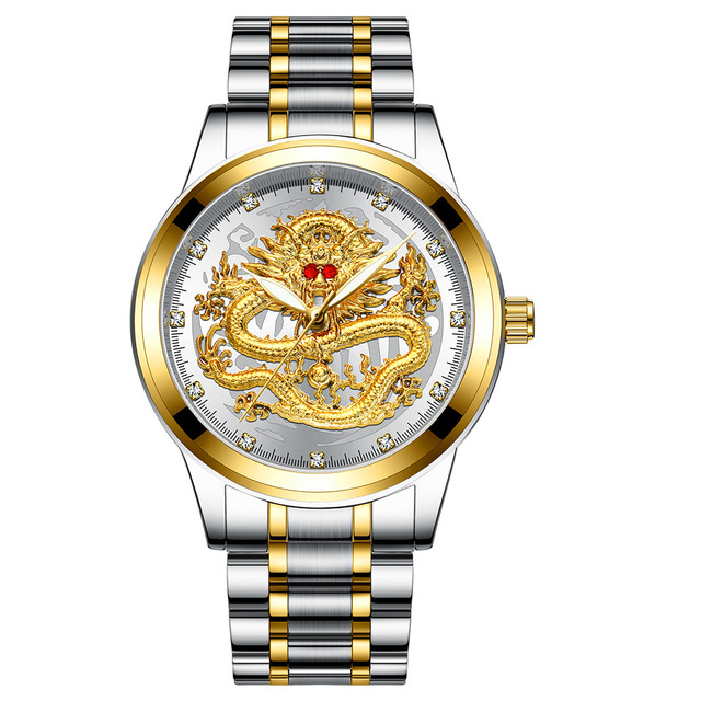 FNGEEN Mens Watches Luxury Brand Chinese Golden Dragon Quartz Watch Diamond Dial Stainless Steel Watch Male Relogio Masculin